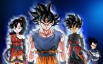  3boys armor beat_(dragon_ball) black_hair commentary_request dougi dragon_ball dragon_ball_heroes dragon_ball_super glowing grey_eyes karoine multiple_boys muscle note_(dragon_ball) saiyan son_gokuu torn_clothes ultra_instinct vegeta 