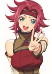  :d aqua_eyes arm_at_side bare_shoulders blush breasts code_geass creayus detached_sleeves flipped_hair head_tilt headband high_collar kallen_stadtfeld large_breasts long_sleeves looking_at_viewer middle_w open_mouth outstretched_arm red_hair short_hair simple_background smile solo tareme underbust upper_body w white_background 