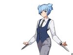  ansatsu_kyoushitsu blue_eyes blue_hair blue_vest closed_mouth collared_shirt commentary_request grey_pants hidden_blade looking_at_viewer male_focus necktie pants rheez shiota_nagisa shirt short_twintails signature simple_background smile solo standing twintails vest weapon white_background white_shirt 