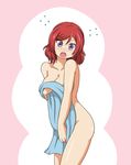  10s 1girl blush breasts covering embarrassed flying_sweatdrops holding holding_towel looking_at_viewer love_live! love_live!_school_idol_project lunarisaileron medium_breasts nishikino_maki nude open_mouth purple_eyes red_hair short_hair solo standing towel tsurime 