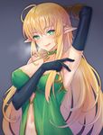  arm_behind_head arm_up armpits bangs black_gloves blonde_hair breasts choker closed_mouth elbow_gloves elf gloves green_eyes large_breasts licking_lips lips long_hair looking_at_viewer naughty_face navel original pantsu_majirou pointy_ears smile solo spread_armpit tongue tongue_out upper_body very_long_hair 