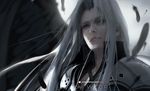  artist_name blurry blurry_background close-up closed_mouth cloud cloudy_sky depth_of_field feathers final_fantasy final_fantasy_vii grey_hair grey_sky high_collar highres long_hair looking_away looking_down male_focus patreon_username pink_lips sephiroth sky solo wlop 