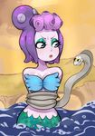  1girl blush breasts cala_maria_(cuphead) cuphead_(game) eel giantess mermaid monster_girl ocean partially_submerged restrained shell_bikini sky solo tentacle_hair water 