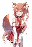  1girl :d animal_ear_fluff animal_ears bare_shoulders bell belt_collar blush breasts brown_eyes brown_hair collar collarbone commentary_request commission cowboy_shot detached_sleeves fang fox_ears fox_tail hair_ribbon hakama_skirt highres japanese_clothes jingle_bell long_hair long_sleeves looking_at_viewer medium_breasts miko miniskirt obi one_side_up open_mouth original red_ribbon red_skirt ribbon ribbon-trimmed_sleeves ribbon_trim sash sasha_chii simple_background skirt smile solo standing tail thighhighs very_long_hair white_background white_legwear wide_sleeves zettai_ryouiki 