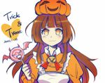  amelia_(trick_and_treat) apron artist_request bangs blunt_bangs bow bowtie brown_eyes brown_hair candy food halloween lollipop long_hair maid maid_apron pumpkin_hat smile solo trick_and_treat_(game) 