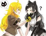  black_hair blake_belladonna blonde_hair commentary_request multiple_girls naizo_(kimosugimasu) rwby touching_another's_chin yang_xiao_long 