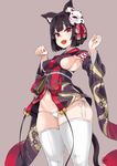  :d animal_ears asanagi azur_lane bangs black_hair blunt_bangs blush bow breasts cat_ears cat_mask cat_tail commentary_request covered_nipples cowboy_shot fang grey_background hair_bow hair_ornament hair_ribbon hands_up highres japanese_clothes looking_at_viewer mask mask_on_head medium_breasts micro_panties navel open_mouth panties paw_pose red_eyes ribbon short_hair side-tie_panties sideboob simple_background skindentation smile solo tail thick_thighs thighhighs thighs underwear white_legwear white_panties yamashiro_(azur_lane) 