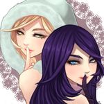  artist_name back-to-back blonde_hair blue_eyes dual_persona flower fur_trim gloves hel_(smite) hood long_hair lowres multiple_girls open_mouth pintoi purple_hair simple_background smite white_background yellow_eyes 