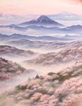  calligraphy_brush_(medium) cherry_blossoms cloud commentary_request day fog forest highres mount_fuji mountain nature no_humans outdoors scenery spring_(season) traditional_media tree valley 