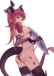  aqua_eyes armor ass bangs bikini bikini_armor bikini_pull black_gloves black_legwear breasts elbow_gloves elizabeth_bathory_(brave)_(fate) elizabeth_bathory_(fate)_(all) fate/grand_order fate_(series) gloves hair_ribbon highres holding_shield horns long_hair looking_at_viewer micro_bikini nian open_mouth oversized_clothes pauldrons pink_hair pointy_ears pulled_by_self purple_ribbon red_armor ribbon shield side-tie_bikini sideboob silver_trim simple_background small_breasts solo sweat swimsuit tail thighhighs tiara untied untied_bikini vambraces white_background 