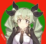  anchovy anzio_school_uniform bangs black_bow black_cape black_jacket black_neckwear black_ribbon blush bow breast_pocket breasts brown_eyes cape closed_mouth collared_shirt commentary dress_shirt drill_hair eyebrows_visible_through_hair frown girls_und_panzer green_hair grey_hair hair_bow hair_ribbon jacket jacket_on_shoulders large_breasts long_hair long_sleeves looking_at_viewer necktie pocket red_eyes ribbon sanpaku shirt solo sweatdrop tilt-shift twin_drills twintails twitter_username two-tone_background upper_body white_shirt 