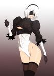  1girl blindfold breasts female game_cg leotard lime_(purple_haze) nier_(series) nier_automata partially_visible_vulva shiny_skin short_hair silver_hair sweat yorha_no._2_type_b 