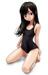  bangs bare_legs barefoot black_hair black_school_swimsuit brown_eyes closed_mouth eyebrows_visible_through_hair flat_chest kneeling long_hair looking_at_viewer new_school_swimsuit one-piece_swimsuit original rohitsuka school_swimsuit simple_background smile solo swimsuit thighs white_background 