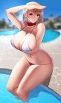  azur_lane bare_shoulders bikini blonde_hair braid breast_hold breasts crown_braid day earrings french_braid halterneck highres jewelry large_breasts looking_at_viewer navel outdoors pool poolside prince_of_wales_(azur_lane) red_eyes shading_eyes sitting solo swimsuit tachibana-san wading water 