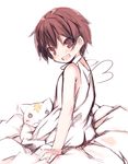  :d bangs bare_arms bare_shoulders bed_sheet blush brown_eyes brown_hair dress eyebrows_visible_through_hair fang hair_between_eyes kurasuke looking_at_viewer looking_to_the_side mini_wings open_mouth original short_hair simple_background sitting sketch sleeveless sleeveless_dress smile solo stuffed_animal stuffed_cat stuffed_toy white_background white_dress 