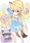  2girls :&lt; alternate_costume animal_ears arm_up bag blazer blonde_hair blue_shirt blush brown_eyes character_name commentary_request extra_ears ezo_red_fox_(kemono_friends) fox_ears fox_tail gloves hat heart jacket kemono_friends kindergarten_bag kindergarten_uniform long_hair looking_at_viewer multiple_girls name_tag open_mouth school_hat shirt shoulder_bag silver_fox_(kemono_friends) silver_hair skirt so_moe_i'm_gonna_die! spoken_heart surprised tail takahashi_tetsuya translation_request very_long_hair white_skirt yellow_hat younger 