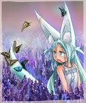  :o animal_ears bare_arms bare_shoulders blue_eyes blue_hair bug butterfly butterfly_on_tail child commentary_request doitsuken dress earrings eyebrows_visible_through_hair fang field flower flower_field fox_ears fox_girl fox_tail highres insect jewelry lavender_(flower) looking_away looking_back necklace open_mouth original solo sundress tail 