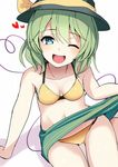  amisu aqua_eyes bare_shoulders bikini black_hat bow breasts green_hair green_skirt hat hat_bow heart heart_of_string komeiji_koishi looking_at_viewer one_eye_closed open_mouth simple_background skirt small_breasts smile solo swimsuit touhou white_background yellow_bikini yellow_bow 