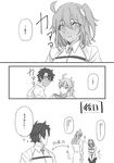  ahoge black_legwear blush chaldea_uniform comic fate/grand_order fate_(series) fujimaru_ritsuka_(female) fujimaru_ritsuka_(male) full-face_blush gloves greyscale hair_ornament hair_scrunchie kichi_(kitiokitioo) labcoat long_hair monochrome multiple_boys one_side_up pantyhose personality_switch ponytail romani_archaman scrunchie short_hair side_ponytail skirt translated 