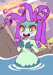  alternate_form animated animated_gif blush breasts cala_maria_(cuphead) cleavage cuphead_(game) diives fangs forked_tongue grabbing_own_breast green_skin long_tongue looking_at_viewer mermaid monster_girl navel partially_submerged purple_hair seaweed self_fondle slit_pupils snake_hair solo stomach swaying tongue tongue_out water yellow_eyes 