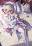  1girl arm_up artist_name bag bed breasts commentary curtains emil_(nier) emilia_(re:zero) english_commentary flower frilled_sleeves frills from_above grin highres long_sleeves lying medium_breasts monusha nier_(series) nier_automata on_back pleated_skirt pod_(nier_automata) re:zero_kara_hajimeru_isekai_seikatsu see-through skirt smile sunlight thighhighs white_legwear white_pillow white_skirt window 