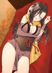  blush breasts brown_hair cleavage closed_eyes commentary_request fire_emblem fire_emblem_if hair_over_one_eye kagerou_(fire_emblem_if) large_breasts long_hair lying on_side ponytail scarf solo yappen 