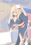  alternate_costume blonde_hair blush breasts character_mask cleavage french_battleship_hime highres image_sample japanese_clothes kantai_collection kimono large_breasts long_hair looking_at_viewer mole obi richelieu_(kantai_collection) sash solo tiasis twitter_sample yellow_eyes 