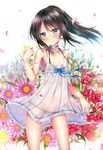  alternate_hairstyle asashio_(kantai_collection) bangs bare_shoulders bikini bikini_under_clothes black_bikini black_hair blue_bow blue_eyes blue_neckwear blurry blush bow choker collarbone depth_of_field dress eyebrows_visible_through_hair flat_chest floral_background flower_request groin hand_up kantai_collection long_hair looking_at_viewer petals ponytail puririn see-through skirt_hold solo strap_slip strapless strapless_dress swimsuit white_background 
