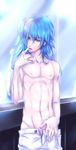  1boy abs bishounen blue_hair brown_eyes dramatical_murder long_hair male_focus muscle navel pubic_hair reflection rinea seragaki_aoba shirtless solo 