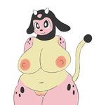  1girl animal_ears arms_behind_back black_eyes breasts female furry horns huge_breasts jpeg_artifacts miltank navel nipples no_humans nude plump pokemon pokemon_(creature) pokemon_gsc pussy simple_background smile solo standing tail uncensored white_background yuruki 