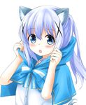  :o adjusting_clothes animal_ears bangs blue_bow blue_capelet blue_eyes blush bow buttons capelet commentary_request eyebrows_visible_through_hair fang gochuumon_wa_usagi_desu_ka? hagakuri hair_between_eyes hair_ornament hairclip highres hood hooded_capelet kafuu_chino kemonomimi_mode light_blue_hair long_hair looking_at_viewer open_mouth ponytail shirt sidelocks simple_background solo striped striped_bow upper_body white_background white_shirt wolf_ears x_hair_ornament 