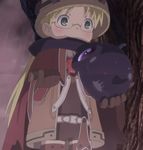  1girl blonde_hair glasses gloves green_eyes helmet made_in_abyss riko_(made_in_abyss) screencap smile stitched twintails 