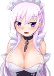  azur_lane bangs bare_shoulders belfast_(azur_lane) breasts chain cleavage collar collarbone commentary dai-erie eyebrows_visible_through_hair large_breasts long_hair looking_at_viewer maid maid_headdress purple_eyes silver_hair simple_background solo upper_body 