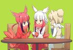  alpaca_ears alpaca_suri_(kemono_friends) animal_ears anime_coloring bangs bird_tail blonde_hair blunt_bangs brown_eyes chair closed_eyes cup eyebrows_visible_through_hair fur_collar gloves green_background hair_bun head_wings highres holding holding_cup japanese_crested_ibis_(kemono_friends) kemono_friends legs_together long_hair long_sleeves looking_at_another multicolored_hair multiple_girls neck_ribbon open_mouth pantyhose pleated_skirt purple_eyes red_gloves red_hair red_legwear red_shirt red_skirt ribbon scarlet_ibis_(kemono_friends) shirt simple_background sitting skirt smile table tail tomato_(lsj44867) vest white_hair white_legwear white_shirt yellow_skirt yellow_vest 