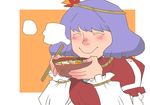  closed_eyes commentary_request eating food onikobe_rin purple_hair short_hair smile solo touhou yasaka_kanako 