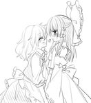  :/ ^_^ apron bare_shoulders blush braid closed_eyes collared_shirt detached_sleeves face-to-face greyscale grin hakurei_reimu happy heart height_difference holding_hands imminent_kiss kirisame_marisa messy_hair monochrome multiple_girls muzuki_uruu no_hat no_headwear shirt side_braid single_braid sketch skirt skirt_set smile sweat touhou vest waist_apron wavy_hair yuri 