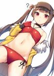  :&lt; ? alexmaster ass_visible_through_thighs azur_lane bangs bare_shoulders bikini black_neckwear black_ribbon blunt_bangs blush breasts brown_hair choker commentary_request dutch_angle fur-trimmed_jacket fur_trim gloves hair_ornament halter_top halterneck highres jacket long_hair looking_at_viewer navel off_shoulder parted_lips ping_hai_(azur_lane) red_bikini red_eyes red_gloves ribbon ribbon-trimmed_bikini ribbon_trim sidelocks simple_background small_breasts solo swimsuit triangle_mouth twintails very_long_hair visor_cap white_background yellow_jacket 