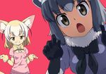  :o animal_ears anime_coloring black_gloves black_ribbon blonde_hair blue_hair breast_pocket brown_eyes common_raccoon_(kemono_friends) eyebrows_visible_through_hair fennec_(kemono_friends) fox_ears fox_tail fur-trimmed_gloves fur_collar fur_trim gloves grin kemono_friends looking_at_viewer multicolored_hair multiple_girls neck_ribbon open_mouth pink_shirt pocket raccoon_ears red_background ribbon shirt short_hair shrug simple_background smile tail tomato_(lsj44867) yellow_gloves yellow_ribbon 