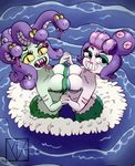  2girls :d absurdres breast_press breasts cala_maria_(cuphead) cleavage cuphead_(game) from_above giantess hand_holding hand_on_another&#039;s_hip highres looking_at_viewer makeup mascara mermaid monster_girl multiple_girls navel ocean partially_submerged shell_bikini smile stomach symmetrical_docking trash_vic water 