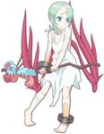  aka_(s3637) anklet bare_shoulders barefoot blue_eyes bracelet breath_of_fire breath_of_fire_v collarbone dress facial_mark feet full_body_tattoo green_hair jewelry nina_(breath_of_fire_v) red_wings short_hair solo staff tattoo weapon white_background white_dress wings 