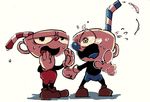 blue_tongue brothers brown_footwear commentary crying crying_with_eyes_open cuphead cuphead_(game) drinking_straw gloves male_focus mugman multiple_boys pointing pointing_at_viewer shoes shorts siblings simple_background sweatdrop tearing_up tears white_background white_gloves 