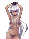  akizora areola_slip areolae armpits arms_up bangs bare_arms bare_shoulders bikini black_gloves blunt_bangs blush breasts breasts_apart closed_mouth collarbone contrapposto covered_nipples cowboy_shot danganronpa danganronpa_1 danganronpa_3 dark_skin gloves kirigiri_kyouko large_breasts long_hair navel nipple_slip nipples own_hands_together pink_eyes pink_hair purple_bikini side-tie_bikini sidelocks simple_background smile solo standing stomach sweat swimsuit tan tsurime underboob very_long_hair white_background 