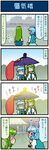  4koma =_= artist_self-insert closed_eyes comic commentary detached_sleeves flushed highres holding holding_umbrella juliet_sleeves karakasa_obake kochiya_sanae long_hair long_sleeves long_tongue mizuki_hitoshi multiple_girls nontraditional_miko one-eyed open_mouth puffy_sleeves red_eyes ship smile sweat sweating_profusely tatara_kogasa tent tongue tongue_out touhou translated umbrella vest watercraft wide_sleeves 