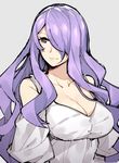  alternate_costume bare_shoulders breasts camilla_(fire_emblem_if) cleavage closed_mouth collarbone dress fire_emblem fire_emblem_if gebyy-terar grey_background grey_dress hair_over_one_eye large_breasts lips long_hair looking_to_the_side purple_eyes purple_hair shiny shiny_hair shoulder_cutout simple_background smile solo upper_body very_long_hair wavy_hair 