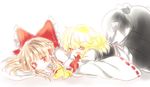  :d ^_^ ascot bare_shoulders blonde_hair blush bow brown_hair closed_eyes commentary detached_sleeves frown glomp hair_bow hakurei_reimu happy hug kirisame_marisa long_hair multiple_girls muzuki_uruu no_hat no_headwear open_mouth red_eyes sketch skirt smile tackle touhou yellow_neckwear yuri 