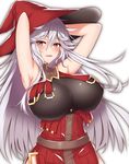  :d armpits arms_behind_head arms_up bare_arms bare_shoulders blush breasts buckle collarbone commentary_request dress etan14 eyebrows_visible_through_hair granblue_fantasy hair_between_eyes hat highres huge_breasts impossible_clothes long_hair looking_at_viewer magisa_(granblue_fantasy) open_mouth red_dress red_eyes red_hat ribbed_dress side_slit silver_hair sleeveless sleeveless_dress smile solo tsurime unbuckled upper_body very_long_hair witch_hat 