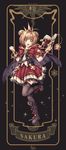  antenna_hair bambi_nano black_footwear black_legwear blush book boots bow cagliostro_(granblue_fantasy) cagliostro_(granblue_fantasy)_(cosplay) cape capelet card_(medium) cardcaptor_sakura character_name clow_card cosplay crown dated full_body granblue_fantasy green_eyes highres kinomoto_sakura looking_at_viewer magical_girl open_mouth red_skirt seiyuu_connection short_hair short_twintails signature skirt smile solo tange_sakura thighhighs tiara twintails zettai_ryouiki 