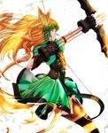  ahoge animal_ears atalanta_(fate) black_legwear blonde_hair bow_(weapon) cat_ears closed_mouth commentary_request cowboy_shot dress dyolf fate/apocrypha fate_(series) from_side gauntlets green_dress green_eyes green_hair holding holding_bow_(weapon) holding_weapon long_hair multicolored_hair profile solo thighhighs two-tone_hair very_long_hair weapon 