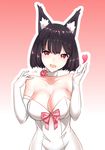  :d absurdres alternate_costume animal_ears azur_lane black_hair breasts cat_ears choker cleavage commentary_request dress elbow_gloves fang gloves gradient gradient_background highres large_breasts looking_at_viewer off-shoulder_dress off_shoulder open_mouth red_eyes short_hair simple_background smile solo white_dress white_gloves yamashiro_(azur_lane) zhi_jiyang 