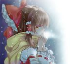  blowing bow breath brown_hair detached_sleeves hair_bow hair_tubes hakurei_reimu hands large_bow long_hair looking_at_viewer looking_to_the_side muzuki_uruu red_eyes scarf snowing solo steam touhou warming_hands 